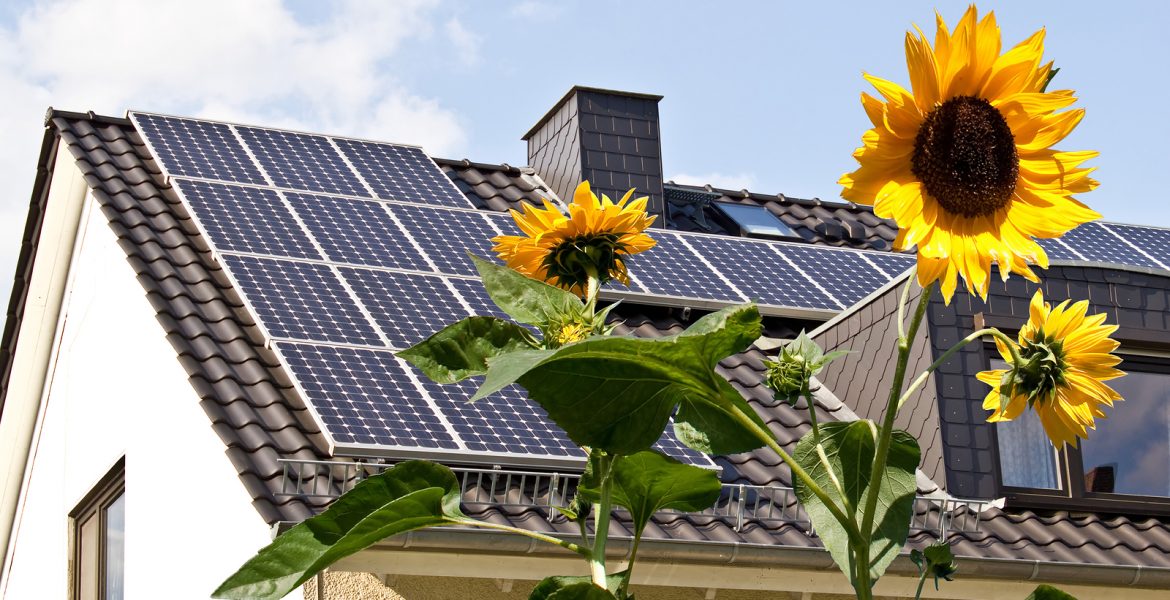 Casa con paneles solares en el techo y girasoles al frente bajo el sol, símbolo de energía renovable.