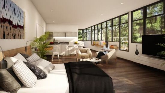 Sala contemporánea con gran ventanal y muro de piedra natural