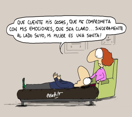 Caricatura de paciente en terapia que compara a su psicóloga con su esposa, diciendo que su mujer es una santa.