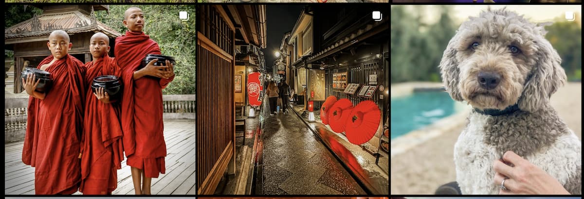 Collage mostrando la diversidad de las cuentas de Instagram de viajes: desde viajes culturales con monjes en Asia, a fotografía urbana en Japón y viajes con mascotas.