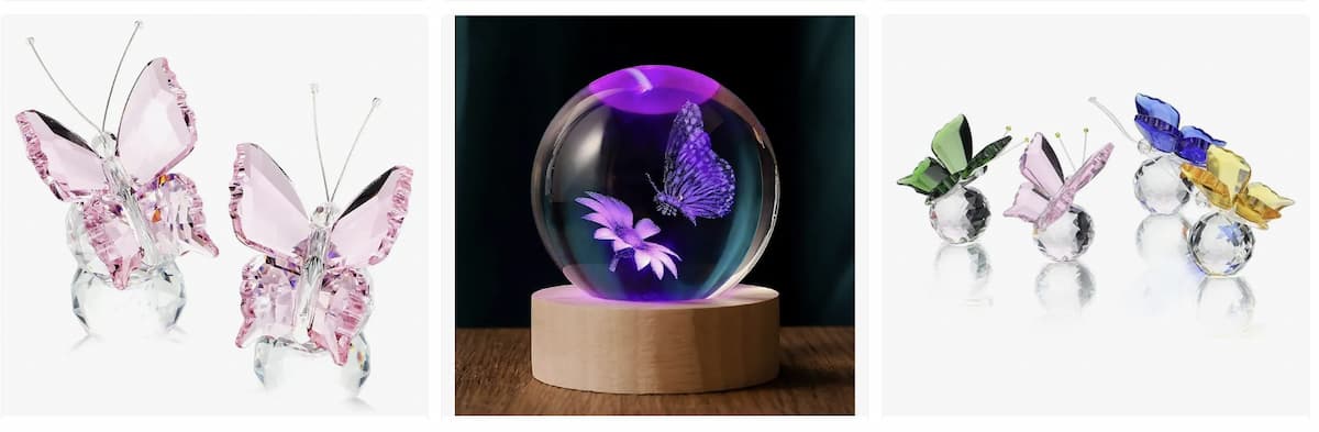 Collage con ideas de regalos modernos de mariposas de cristal, como figuras facetadas y una lámpara de esfera, que añaden un significado especial al obsequio.
