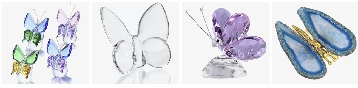 Collage con diferentes tipos de mariposas de cristal para regalar, mostrando varios colores y materiales como el ágata, que influyen en su significado espiritual.