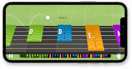 Pantalla de la app Yousician con lección de guitarra paso a paso