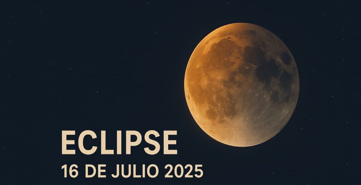 Eclipse lunar parcial del 16 de julio de 2025 con la Luna parcialmente oscurecida sobre un cielo estrellado.