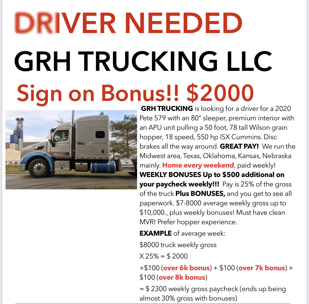 Driver Needed for Hopper bottom
