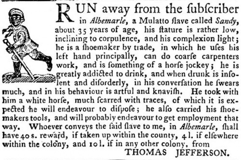 Fugitive slave ad taken out by Thomas Jefferson.
