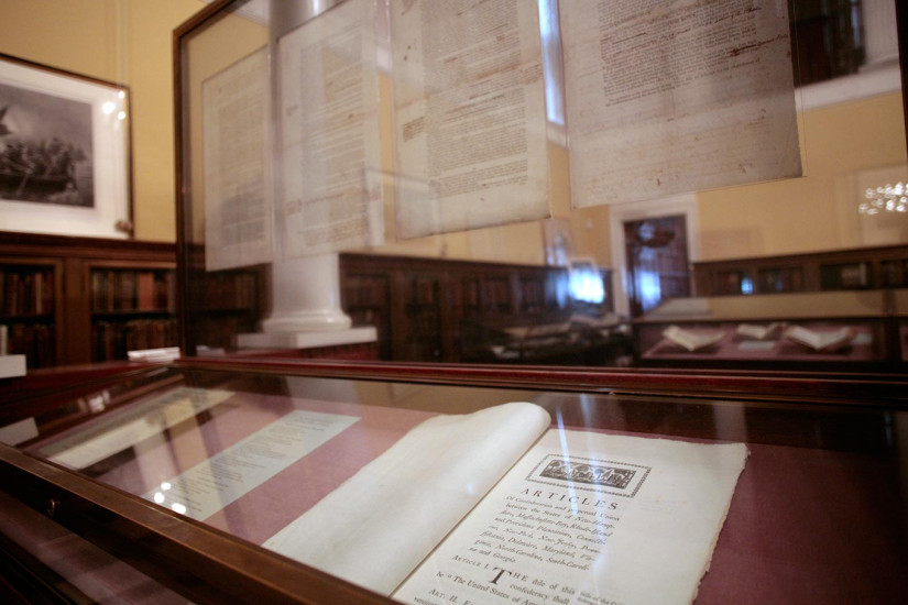 Original printing of the Articles of Confederation on display in a glass case at Williams College, 2007.