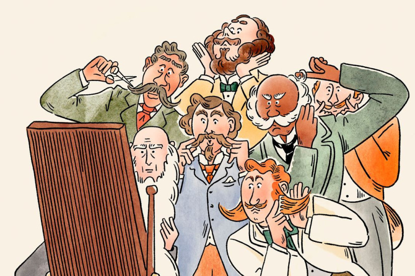 A group of men in 19th-century clothing groom their beards.