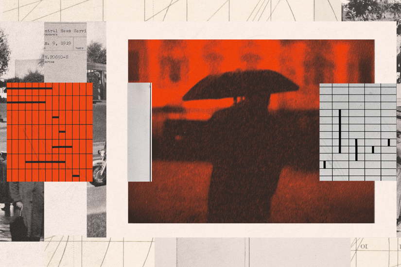 A Mr. Nelson collage deisgn, of orange and black and white designs.