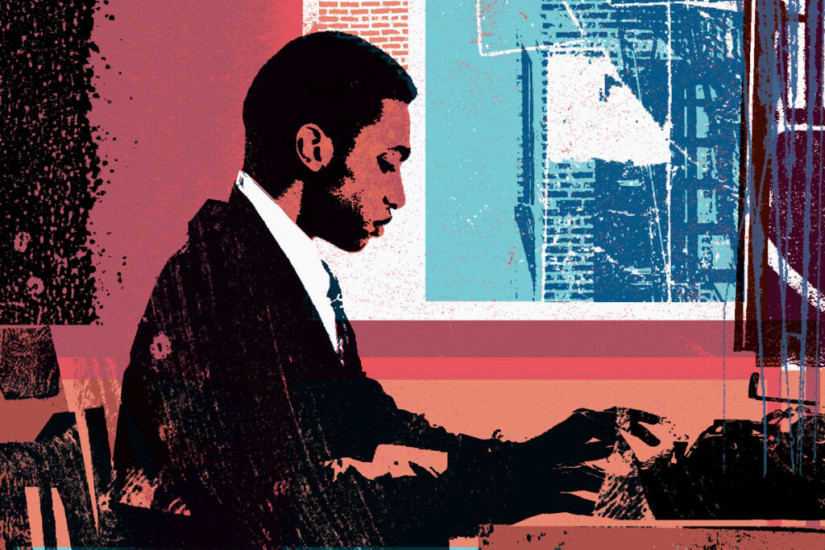 Illustration of Rudolph Fisher sitting and typing.