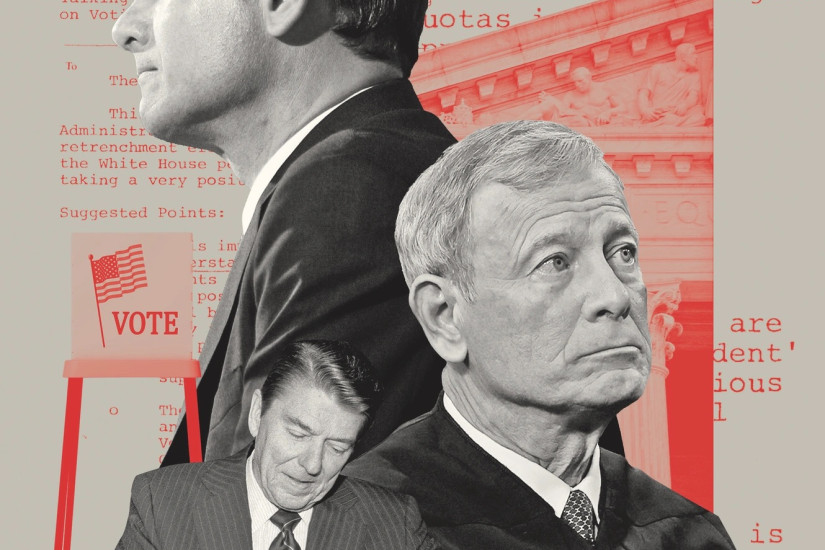 Collage of John Roberts, Ronald Reagan, and a voting booth.