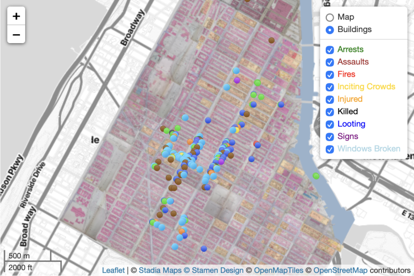 Map of Harlem with pins marking arrests, assaults, fires, and other events.