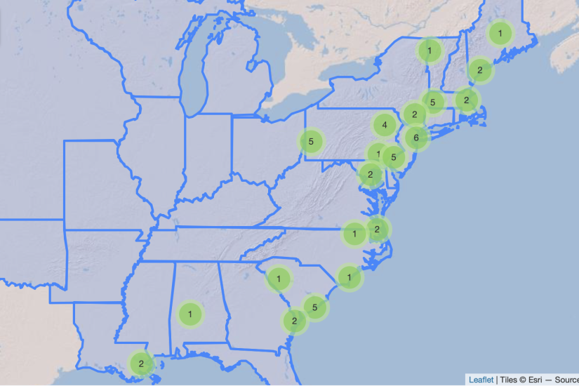 Map marking sites along the east coast.