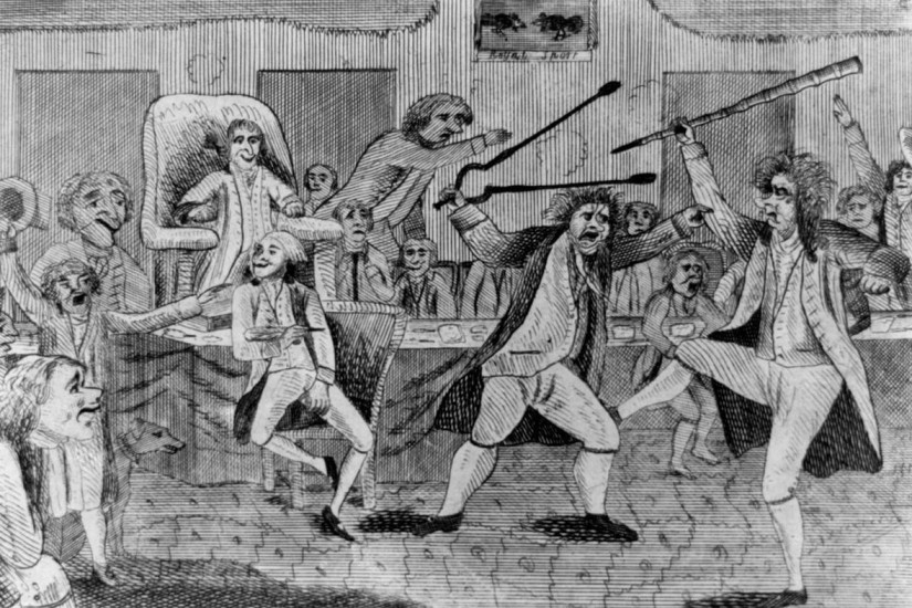 Political cartoon of a fight over the Alien and Sedition Acts.