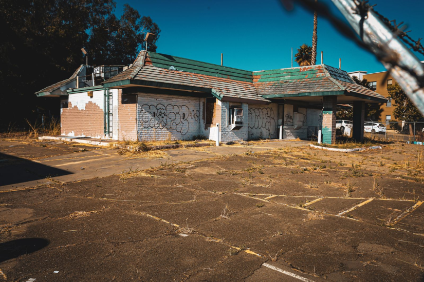 Boarded up former McDonald's building.