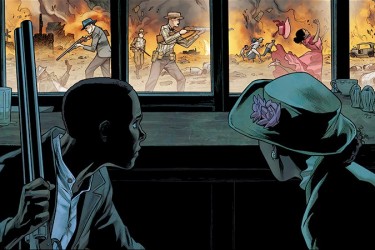 A Black man with a rifle and woman look out the window at white men with rifles shooting African Americans.