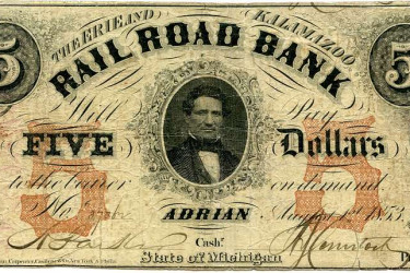 Free Banking Era five dollar bank note from Michigan.