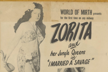 Promotional flyer for Zorita’s 1949 film, I Married a Savage, ca. 1949. In addition to her attire and the fact that she’s featured alongside her signature snake and her “Jungle Queens,” the film’s plot was anchored in deeply racialized, “exotic” tropes that were made more palatable to general audiences through the prism of her whiteness, femininity, and sexuality. Courtesy of the Tawny Petillo Collection.