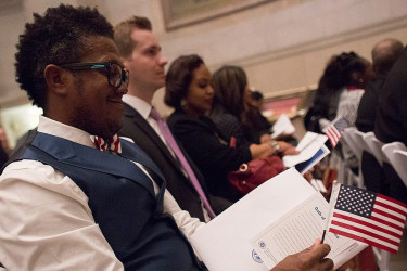 New citizens at a naturalization ceremony.