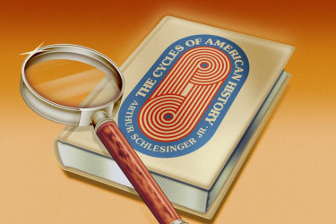 A magnifying glass rests atop Arthur Schlessinger's THe Cycle of American History.