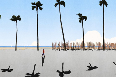 A man walks in the sun near palm trees and their small shadows.