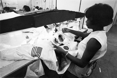 Hazel Fellows sewing an Apollo A7L spacesuit at International Latex Corporation