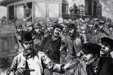 An illustration of the citizens’ committee in Fort Worth, Texas arresting a striker during the Great Southwest Strike of 1886.