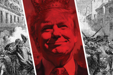 Trump wearing a crown, superimposed on a lithograph of the Boston Massacre.
