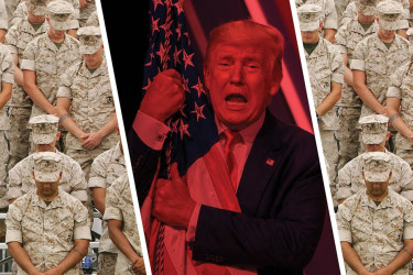 Trump hugging the American flag, superimposed on rows of soldiers with bowed heads.