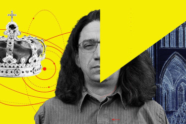 Composite Curtis Yarvin, a crown, an atom diagram, and a cathedral.