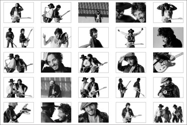 25 small photos of Bruce Springsteen playing the guitar or photos of him.