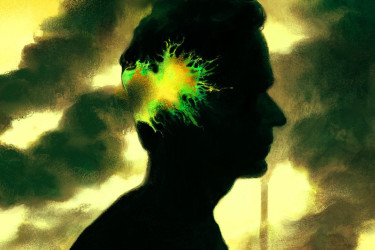 Silhouette of a man with smokestack smoke entering his brain.