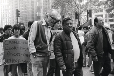 Fred Ross with Cesar Chavez at a demonstration in Los Angeles on February 3, 1982.