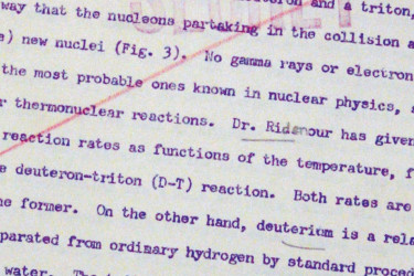 Mimeograph close-up of draft of Hans Bethe's H-bomb article.