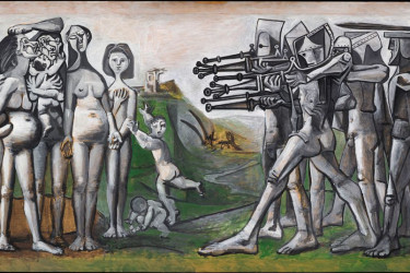 A stylized painting of the United States military commiting a massacre in Korea.