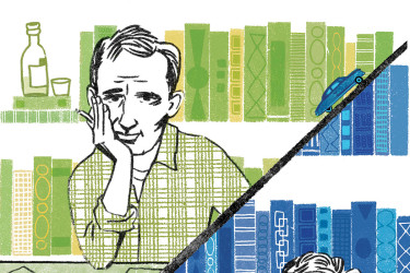 Illustration of Jack Kerouac and his editor Malcolm Crowley with the manuscript "On the Road."