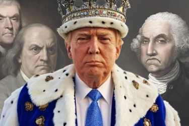 Photograph of Trump dressed as a king with frowning founding fathers behind him