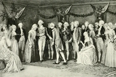 George Washington and his mother, Mary Ball Washington, attending a ball celebrating the surrender at Yorktown in 1781