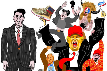 Illustration by Josh Gosfield of Reagan in a suit, next to the fashions of Trumpism, including the red hat, the golden sneaker, and the Jan. 6 rioter with the horned headdress.