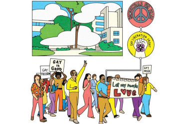 A drawing of a strike for gay rights at San Francisco State.