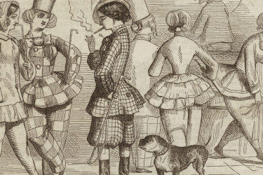 Punch cartoon depicting mannish women smoking cigars and wearing pantsuits.