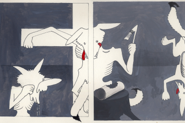 "Coyote Survives the Night," diptych of coyote crucified and carving wood by Ed Archie NoiseCat.