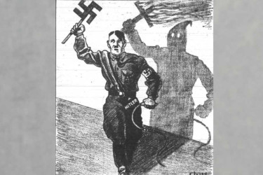 Drawing of Adolph Hitler with its shadow being the pointed hood worn by members of the Ku Klux Klan.