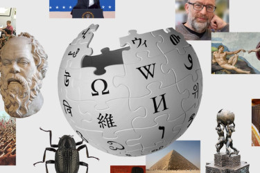 The Wikipedia logo surrounded by a wide variety of images from the encyclopedia.