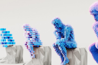 Six stools with increasingly pixilated versions of "The Thinker."