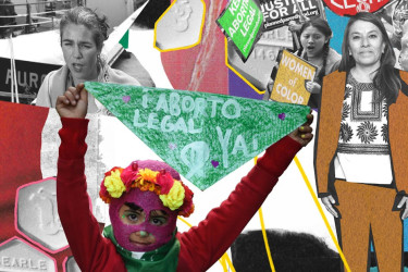 Collage of women from different time periods and ages protesting for abortion rights.