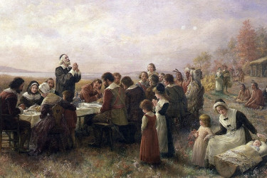 Painting imagining the First Thanksgiving at Plymouth.