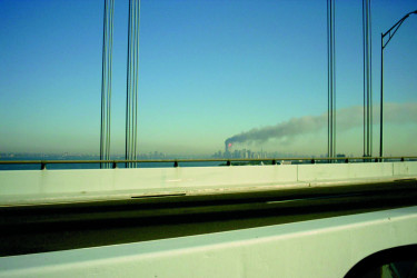 View from the Verrazzano-Narrows Bridge of the South Tower of the World Trade Center, September 11, 2001.