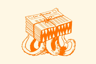 Octopus like arms, holding a stack of newspapers.