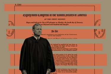 Collage of John Roberts and cut-up snippets of the Voting Rights Act of 1965.